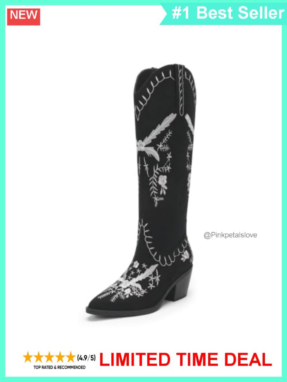 Embroidered Western Cowboy Boots Pointed Toe Chunky Heel Knee High Pull On